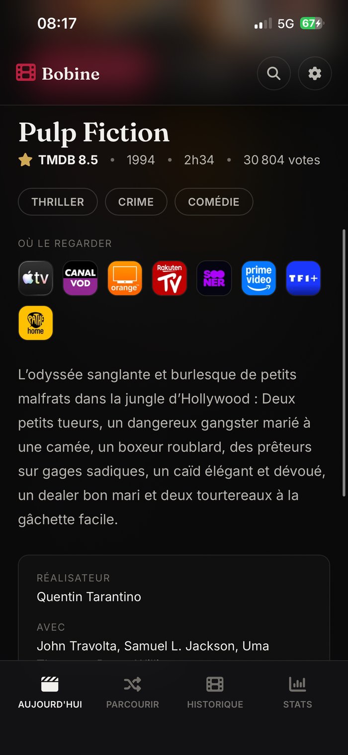 Fiche détaillée d'un film dans Bobine : synopsis, plateformes de streaming disponibles, réalisateur et casting.